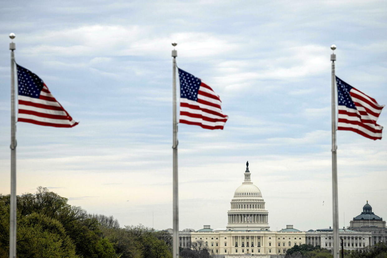 Le Capitole des États-Unis derrière les drapeaux américains sur le National Mall, à Washington D.C., le 15 mars 2024.  - Credit:Sloan Graeme/Sipa USA