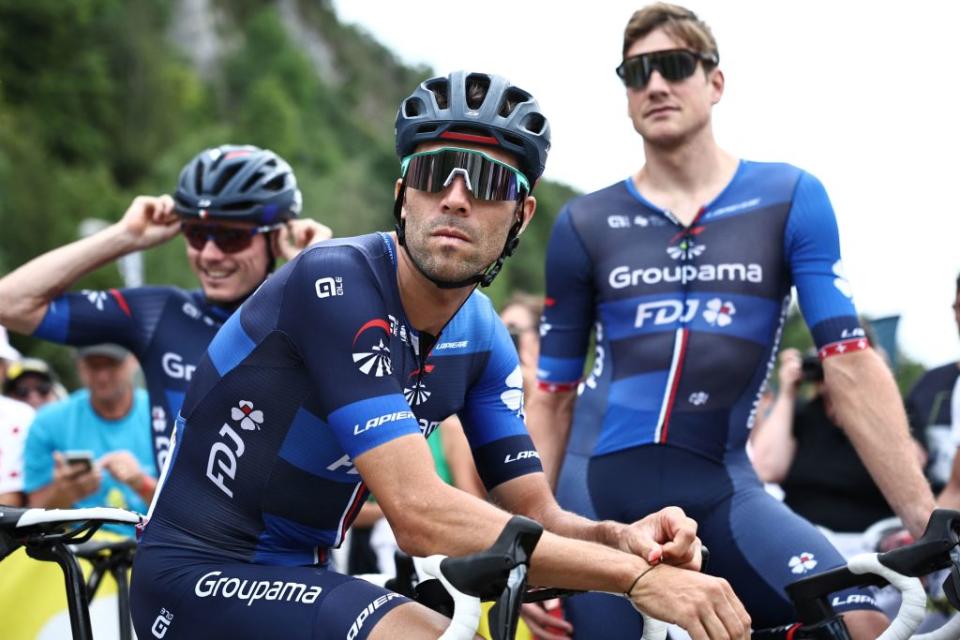 Groupama  FDJs French rider Thibault Pinot C awaits the start of the 19th stage of the 110th edition of the Tour de France cycling race 173 km between MoiransenMontagne and Poligny in the Jura department of centraleastern France on July 21 2023 Photo by AnneChristine POUJOULAT  AFP Photo by ANNECHRISTINE POUJOULATAFP via Getty Images