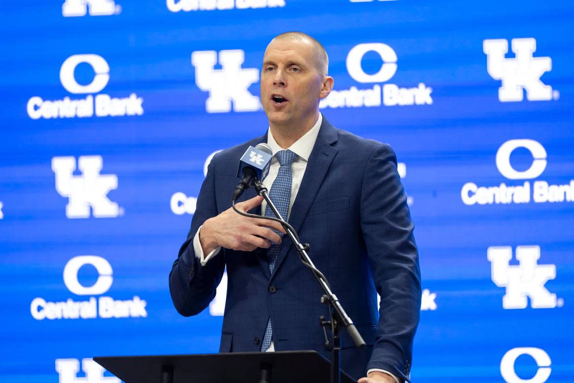 New Kentucky basketball coach Mark Pope speaks during an introductory event at Rupp Arena on April 14.