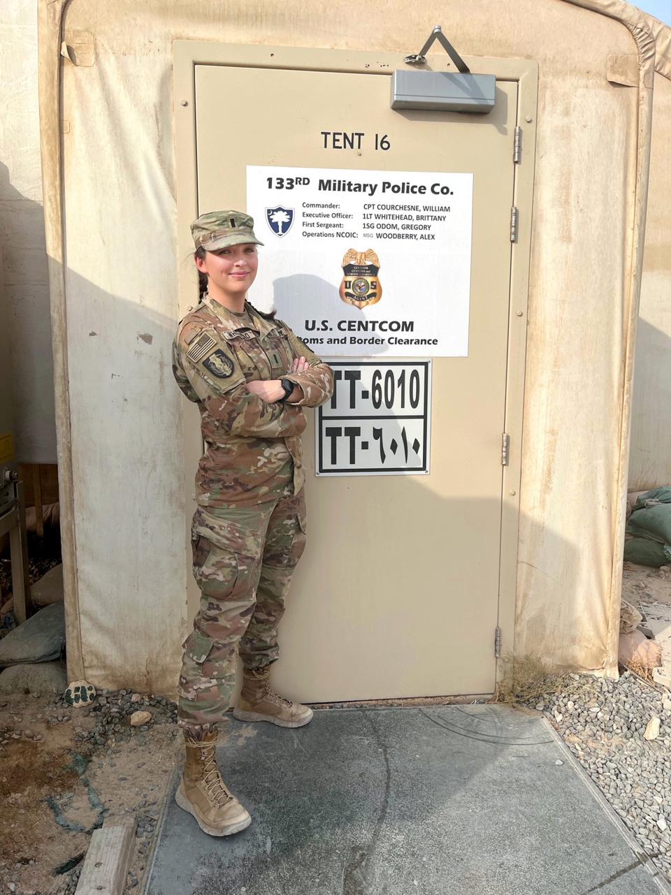 Brittany Whitehead during a deployment in Kuwait. Whitehead spent most of this year in the Middle East on active duty with the South Carolina National Guard, but that didn’t stop her from completing a master’s degree from Iowa State through the Great Plains Interactive Distance Education Alliance.