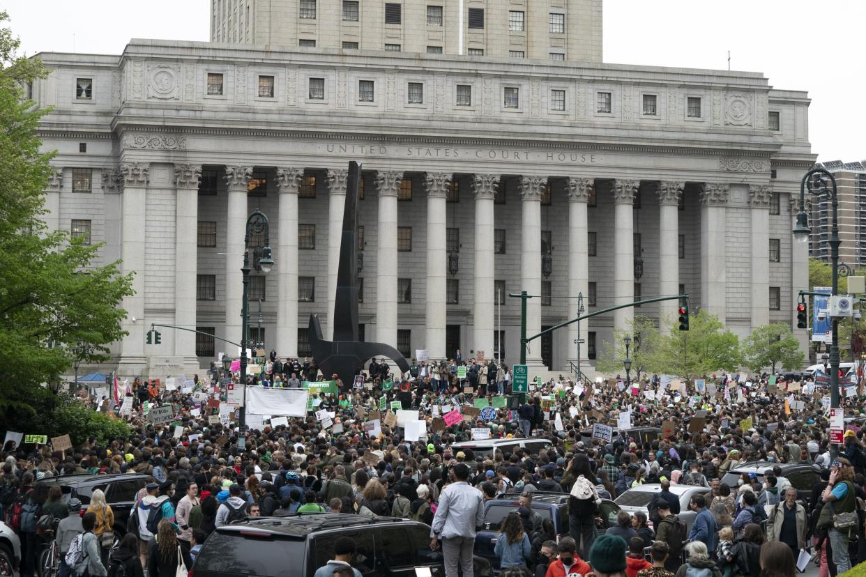 Protestors are pictured at a pro-choice rally in Foley Square in Manhattan, New York on Tuesday, May 3, 2022.