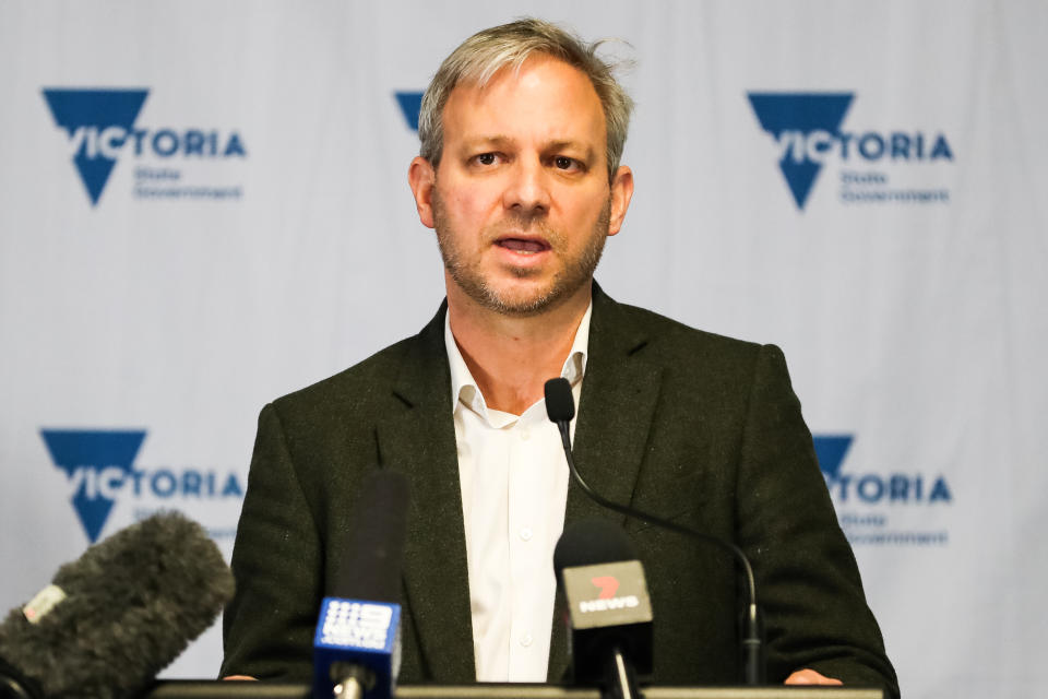 Victoria's Chief Health Officer Professor Brett Sutton speaks during a press conference on June 05, 2021 in Melbourne, Australia. Lockdown restrictions have been extended across Melbourne as new COVID-19 cases continue to emerge linked to a current community cluster. Residents can only leave home for five reasons: care and caregiving, exercise, work and to buy groceries, or to get vaccinated, but can now travel within a 10km radius from home. (Photo by Asanka Ratnayake/Getty Images)