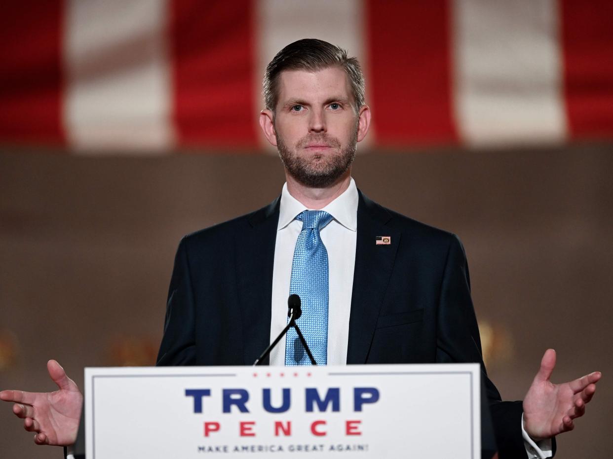 Eric Trump delivers a pre-recorded speech at the Andrew W Mellon Auditorium in Washington, DC, on the second day of the Republican National Convention (AFP via Getty Images)