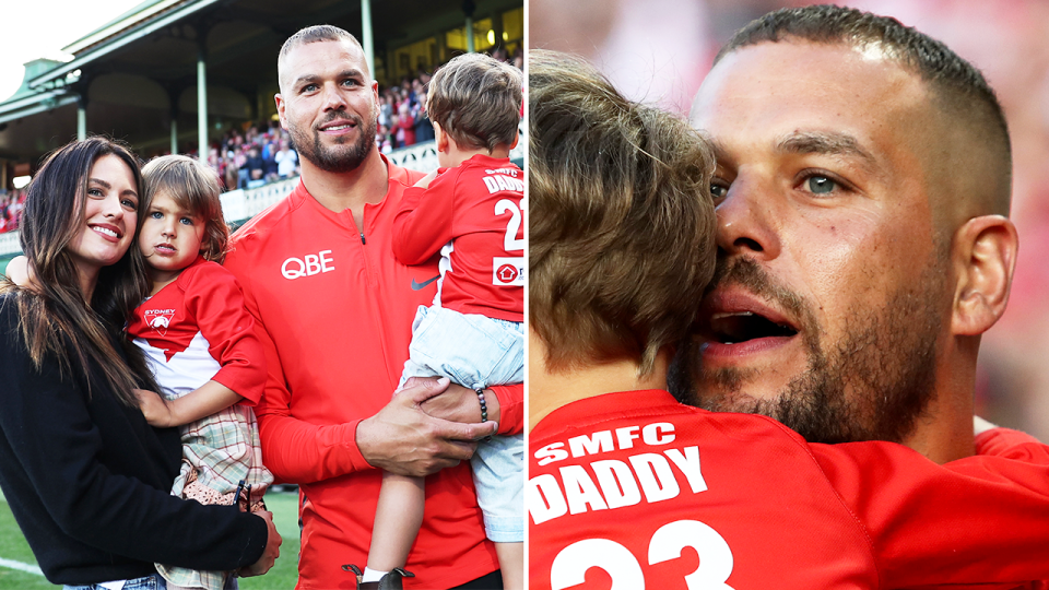 Buddy Franklin poses with his wife and Franklin in tears.