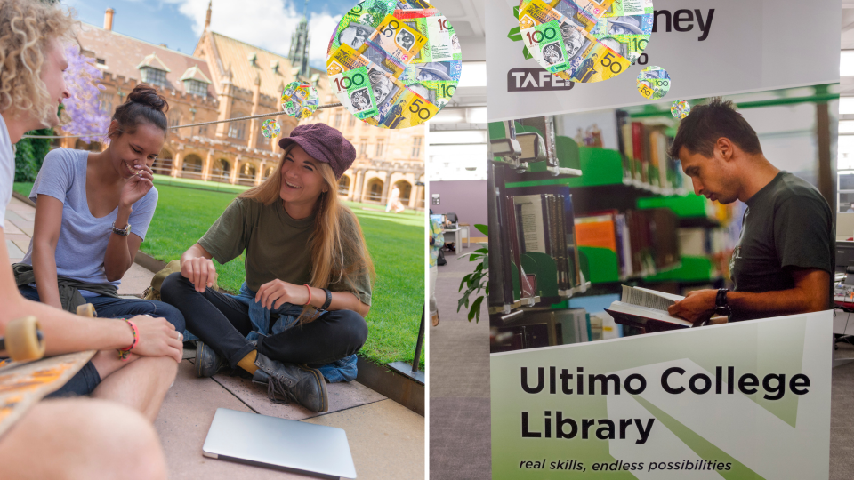 Pictured: Students at University of Sydney and a TAFE student, both with ATARs. Images: Getty