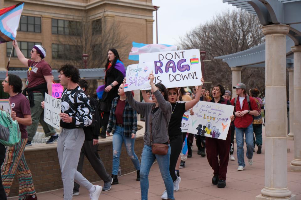 WT students protest for a second day Wednesday in response to university president's cancellation and comments about an on-campus drag show in Canyon, Texas.