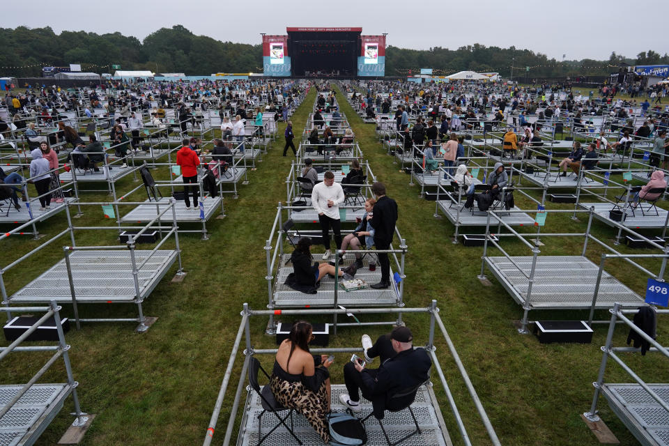 NEWCASTLE UPON TYNE, ENGLAND - AUGUST 13: Fans wait in socially distanced enclosures to see Sam Fender as he performs at the Virgin Money Unity Arena on August 13, 2020 in Newcastle upon Tyne, England. Sam Fender is the first to perform at the socially distanced music venue. (Photo by Ian Forsyth/Getty Images)