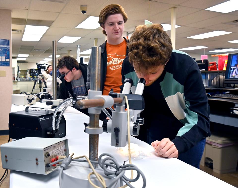 Gavin Hail, 18, looks at a marijuana sample Friday at the Texas Department of Public Safety Crime Lab in Abilene while Benjamin Weems waits his turn and Carson Cooper uses the other microscope. They are students at the Academy of Technology, Engineering, Math and Science. The lab was holding an open house and invited the public to learn about the work conducted there.