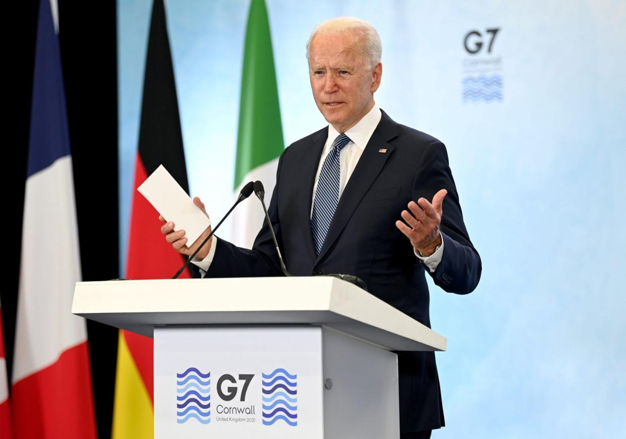 Mandatory Credit: Photo by Karwai Tang/Shutterstock (12071544b)United States of America President Joe Biden gives a press conference at Newquay airport, Cornwall during the G7 Summit47th G7 Summit, Cornwall, UK - 13 Jun 2021.