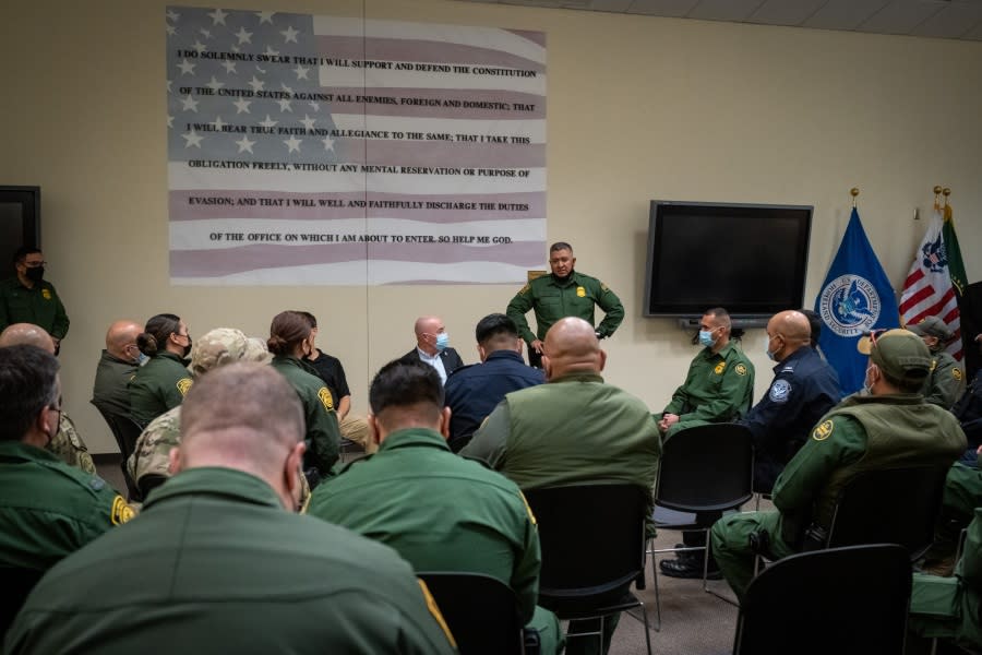 El Paso, Tx. (December 13, 2022) Homeland Security Secretary Alejandro Mayorkas visited the United States Border Patrol El Paso Station in El Paso, Texas. There he spoke to CBP employees alongside Border Patrol Chief Raul Ortiz and Dr. Kent Corso. (DHS photo by Sydney Phoenix)