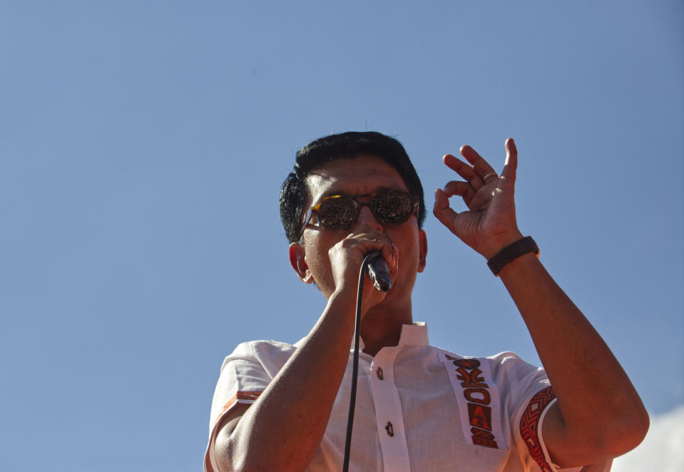 President, Andry Rajoelina, addresses supporters at an election rally in Antananarivo, Sunday Nov. 12, 2023. Rajoelina is pushing ahead with a presidential election, Thursday, Nov. 16, that could give him a third term, even as opposition protests roil the country and the majority of candidates have announced a boycott. (AP Photo/Alexander Joe)