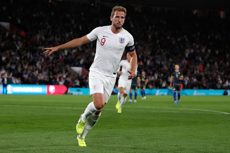 England's striker Harry Kane celebrates scoring his team's second goal during the UEFA Euro 2020 qualifying Group A football match between England and Kosovo at St Mary's stadium in Southampton, southern England on September 10, 2019. (Photo by Adrian DENNIS / AFP) / NOT FOR MARKETING OR ADVERTISING USE / RESTRICTED TO EDITORIAL USE        (Photo credit should read ADRIAN DENNIS/AFP/Getty Images)