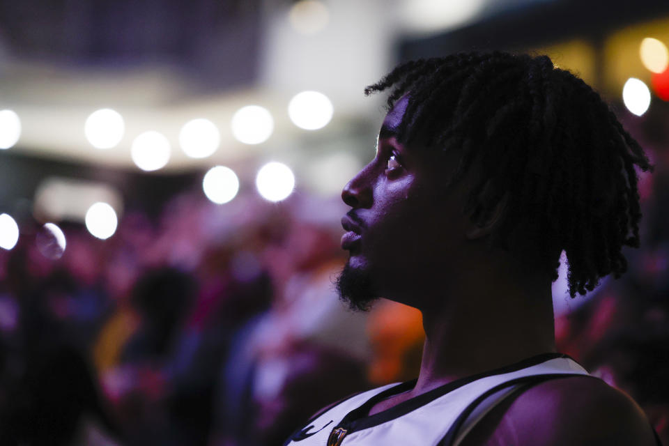 Virginia Commonwealth forward Jalen DeLoach (4) waits to be introduced for the team's NCAA college basketball game against Vanderbilt on Wednesday, Nov. 30, 2022, in Richmond, Va. (Shaban Athuman/Richmond Times-Dispatch via AP)