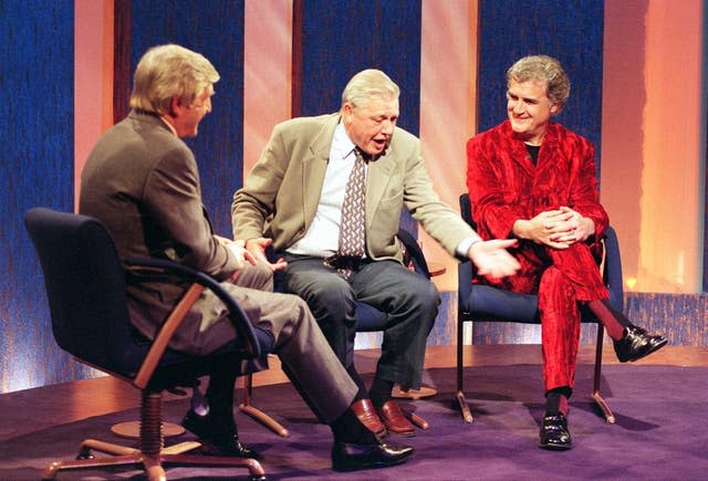 Sir Michael with Sir David Attenborough and comedian Billy Connolly (right) during an episode of his talk show