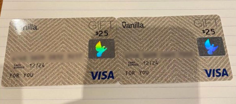 Two Vanilla Visa cards with a $25 value are pictured.