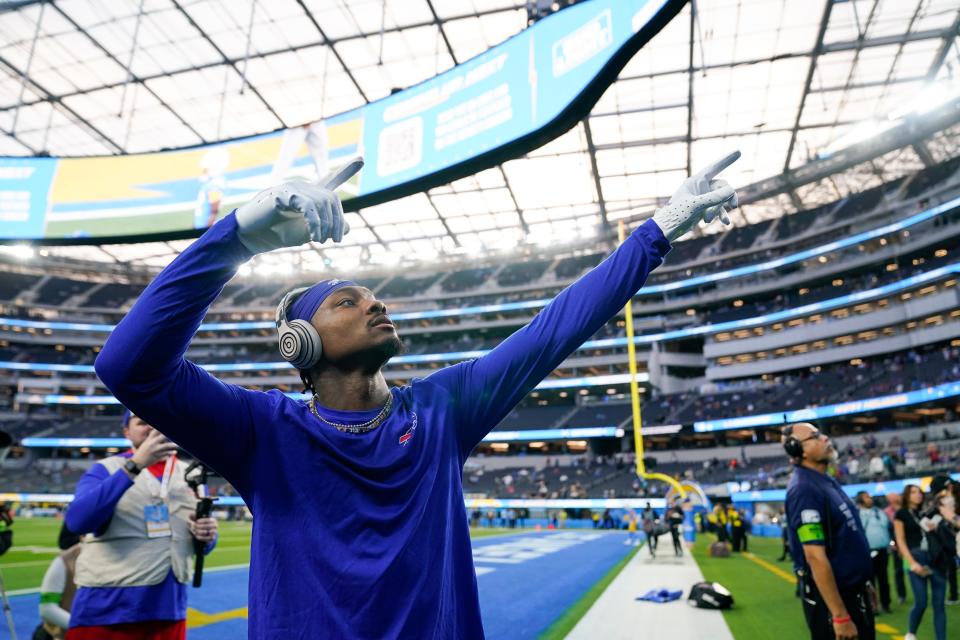 Buffalo Bills wide receiver Stefon Diggs points to the stands before an NFL football game against the Los Angeles Chargers, Saturday, Dec. 23, 2023, in Inglewood, Calif. (AP Photo/Ashley Landis)