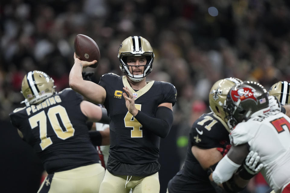New Orleans Saints quarterback Derek Carr (4) throws a pass in the first half of an NFL football game against the Tampa Bay Buccaneers, in New Orleans, Sunday, Oct. 1, 2023. (AP Photo/Gerald Herbert)