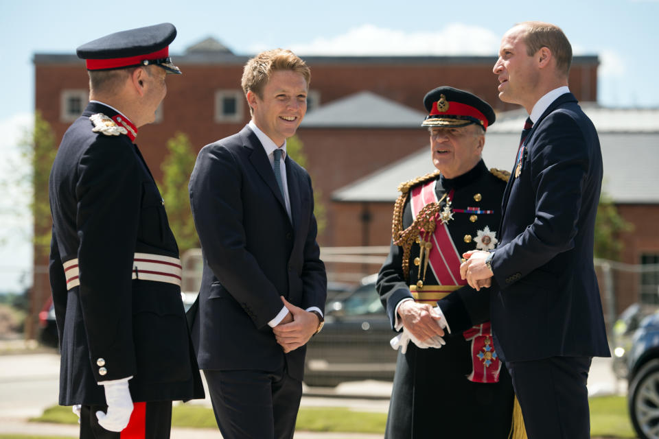 LEEDS, ENGLAND - JUNE 21: Prince William, Duke of Cambridge (R) is greeted by General Timothy Granville-Chapman (2R), Hugh Grosvenor, the Duke of Westminster (2L) and John Peace (L) during the official handover to the nation of the newly built Defence and National Rehabilitation Centre (DNRC) at the Stanford Hall Estate on June 21, 2018 in Leeds, England. The centre will provide world-class rehabilitation facilities for members of the Armed Forces who have suffered major trauma or injury during their service. (Photo by Oli Scarff - WPA Pool/Getty Images)