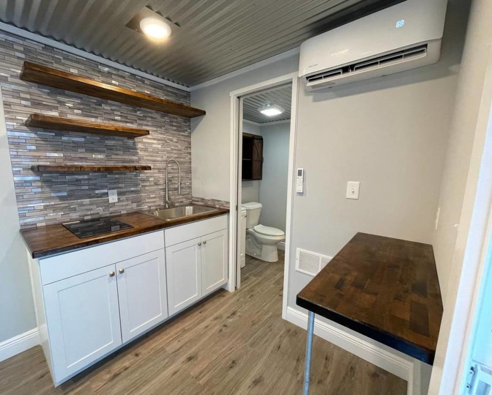 The kitchen in a 20-foot shipping container modified by BLOXX Building.