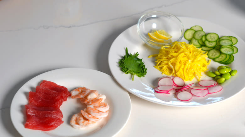 Colorful temarizushi topping ingredients