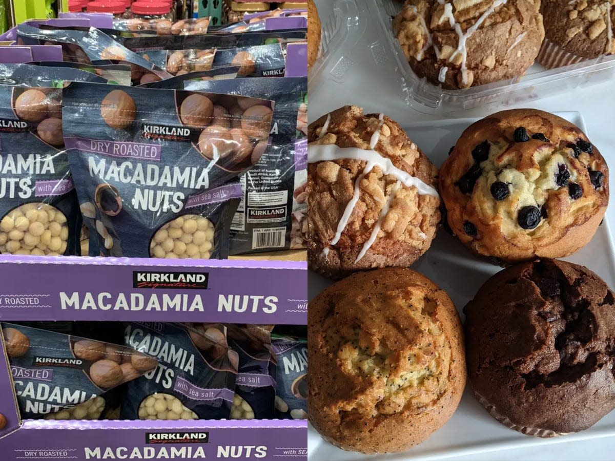 Macadamia nuts in purple display at Costco; Four muffins from Costco on a square plate