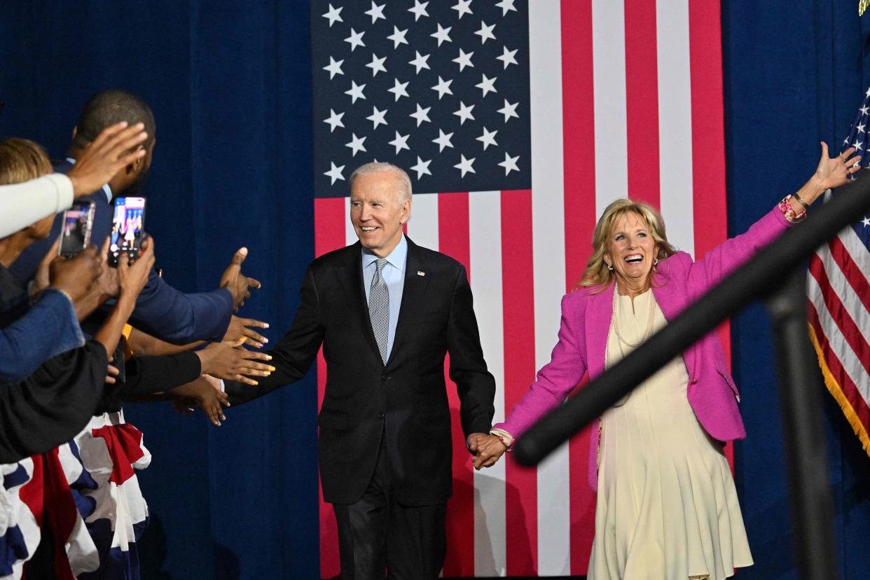 President Biden and First Lady Jill Biden on the eve of the midterm elections at Bowie State University in Bowie, Maryland, on November 7, 2022.