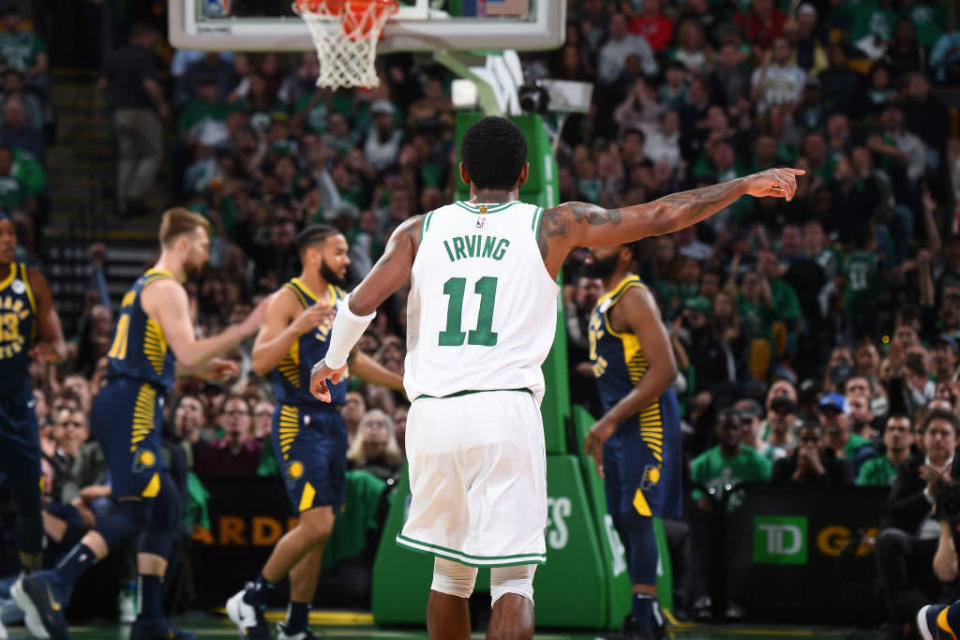 Boston Celtics star Kyrie Irving directs traffic during Game 2 against the Indiana Pacers. (Getty Images)