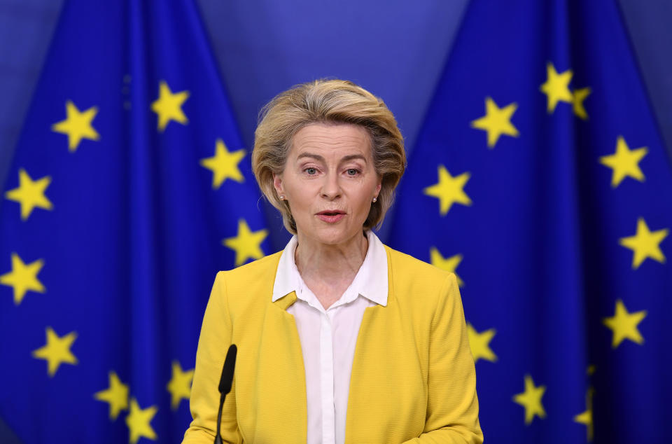 European Commission President Ursula von der Leyen delivers a statement after a meeting of the college of commissioners at EU headquarters in Brussels, Wednesday, April 14, 2021. EU Commission chief Ursula von der Leyen announced plans Wednesday for a major contract extension for COVID-19 vaccines with Pfizer stretching to 2023. (John Thys, Pool via AP)