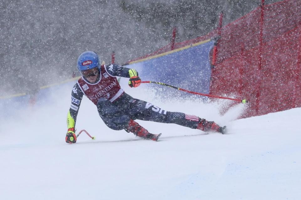 United States' Mikaela Shiffrin speeds down the course during an alpine ski, women's World Cup super G race, in Kvitfjell, Norway, Sunday, March 5, 2023. (AP Photo/Marco Trovati)