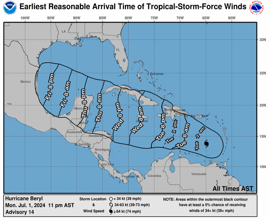 Arrival time of tropical force winds (NHC)