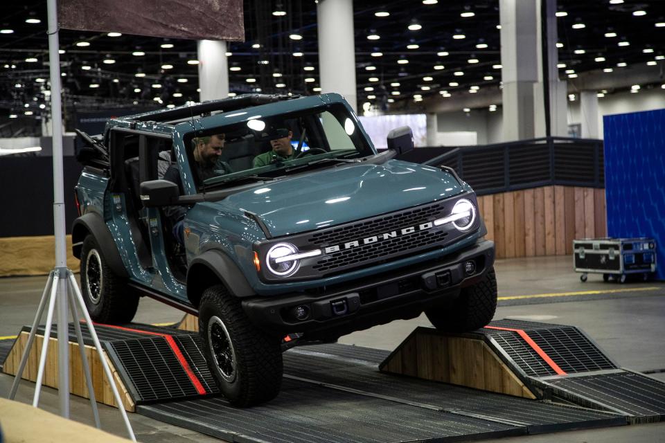 A Ford Bronco during the 2022 North American International Auto Show held at Huntington Place in downtown Detroit on Thursday, Sept. 15, 2022.