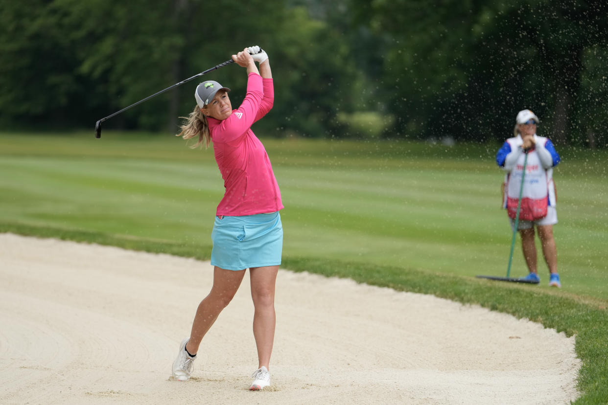 GRAND RAPIDS, MICHIGAN - JUNE 15: Amy Olson of the United States plays a shot from a bunker on the 14th hole during the first round of the Meijer LPGA Classic for Simply Give at Blythefield Country Club on June 15, 2023 in Grand Rapids, Michigan. (Photo by Raj Mehta/Getty Images)