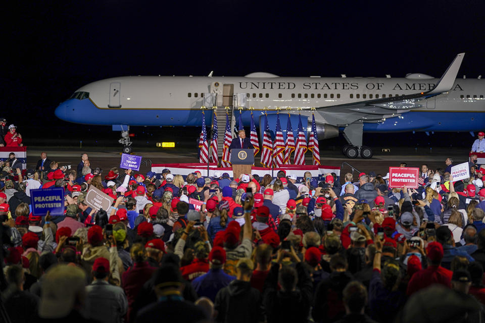 President Donald Trump speaks at a campaign rally at the Central Wisconsin Airport Thursday, Sept. 17, 2020, in Mosinee, Wis.