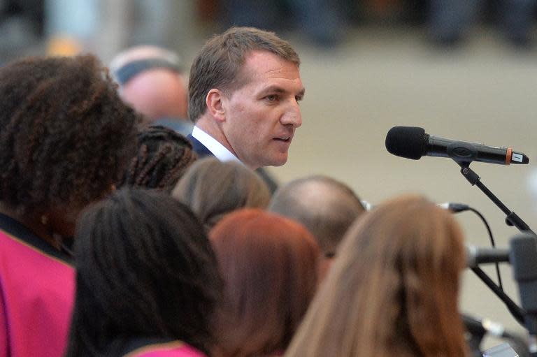 Liverpool's Northern Irish manager Brendan Rodgers speaks during a memorial service to mark the 25th anniversary of the Hillsborough Disaster at Anfield Stadium in Liverpool, northwest England on April 15, 2014