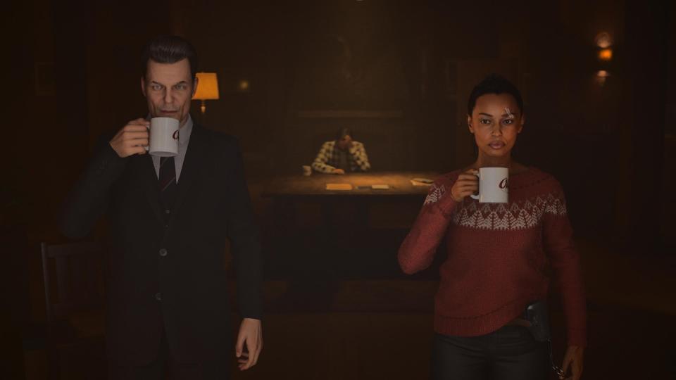 Alan Wake 2 Casey and Saga drinking coffee