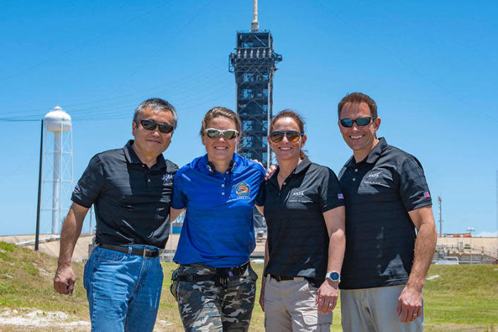 The Crew 5 astronauts during a recent visit to launch pad 39A at the Kennedy Space Center (left to right) Japanese astronaut Koichi Wakata, Russian cosmonaut Anna Kikina, Crew Dragon commander Nicole Mann and pilot Josh Cassada.  / Credit: NASA