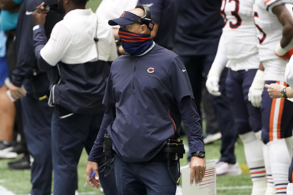 Chicago Bears head coach Matt Nagy watches play against the Atlanta Falcons during the second half of an NFL football game, Sunday, Sept. 27, 2020, in Atlanta. (AP Photo/John Bazemore)