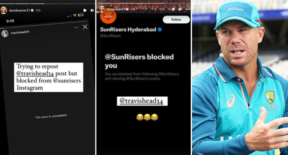 David Warner shared screenshots of the brutal snub from his former IPL franchise. Pic: Instagram/Getty