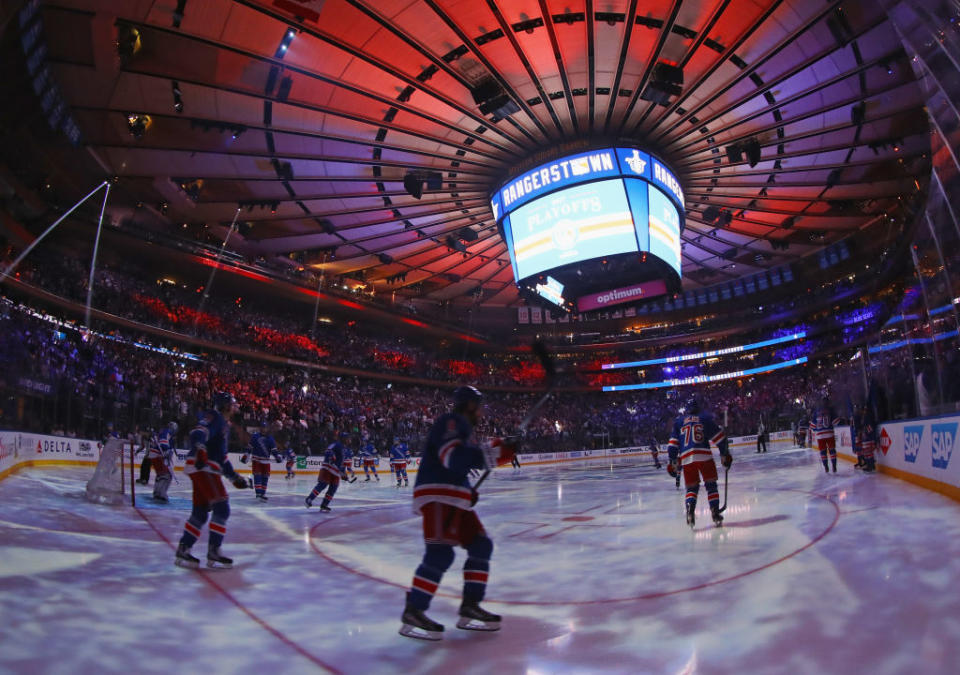 NEW YORK, NY – APRIL 16: The New York Rangers prepare for the game against the Montreal Canadiens in Game Three of the Eastern Conference First Round during the 2017 NHL Stanley Cup Playoffs at Madison Square Garden on April 16, 2017 in New York City. The Canadiens defeated the Rangers 3-1. (Photo by Bruce Bennett/Getty Images)