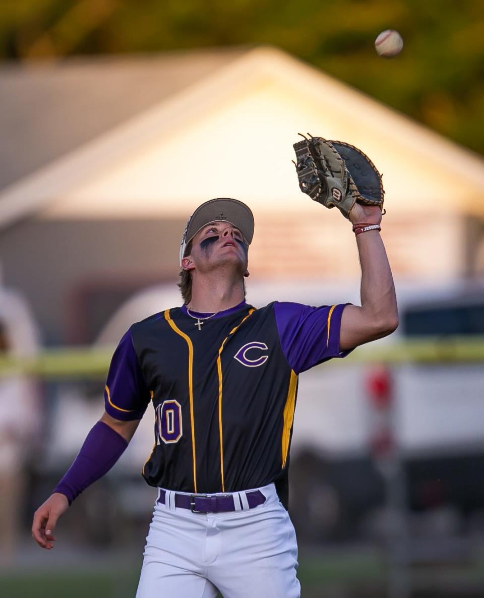 Columbia's Joshua Fernald catches a fly ball against Tallahassee Rickards on May 2.