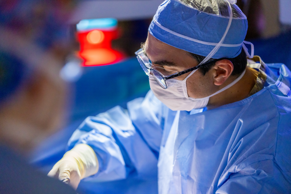 Chris Derderian, MD, of Children's Hospital Colorado performs a fetoscopic myelomeningocele spina bifida repair on Las Cruces mother, Katarina Torrez and her baby, Emilio, in late summer 2023.