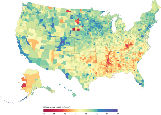 This chart maps the lows and the highs in average life expectancy as of 2014. (Dwyer-Lindgren et al., UW / IHME via JAMA Internal Medicine)