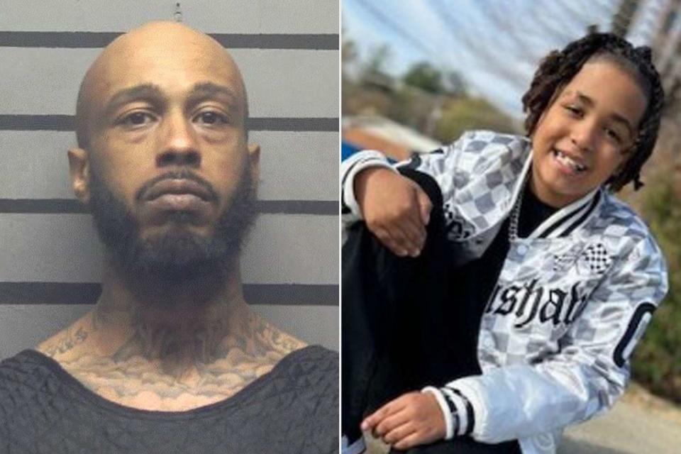 <p>MADISONVILLE POLICE DEPT/FACEBOOK, MASON BROTHERS FUNERAL SERVICES</p> Anthony Person (L) has been charged in the fentanyl death of his stepson Trey Major Harris, 8 