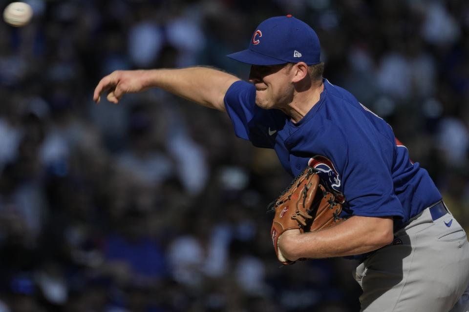 Chicago Cubs reliever Tyler Duffey throws during the fifth inning of a baseball game against the Milwaukee Brewers Sunday, Oct. 1, 2023, in Milwaukee. (AP Photo/Morry Gash)