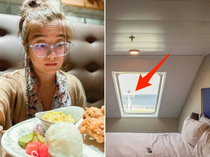 The author stares at food in a restaurant (L) an arrow pointing out the window of the stateroom