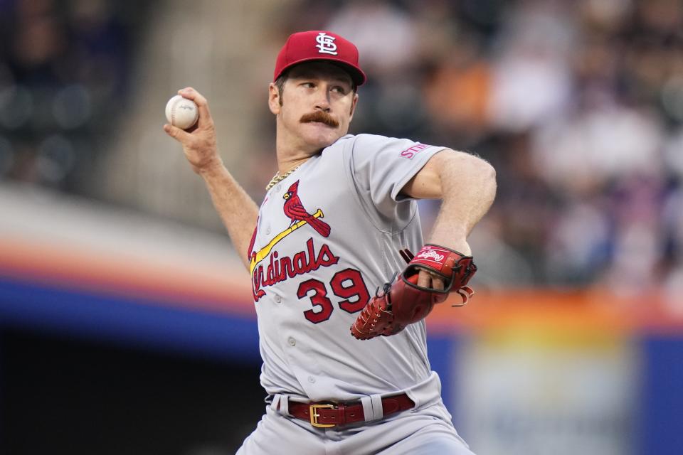 St. Louis Cardinals' Miles Mikolas pitches during the first inning of the team's baseball game against the New York Mets on Friday, June 16, 2023, in New York. (AP Photo/Frank Franklin II)