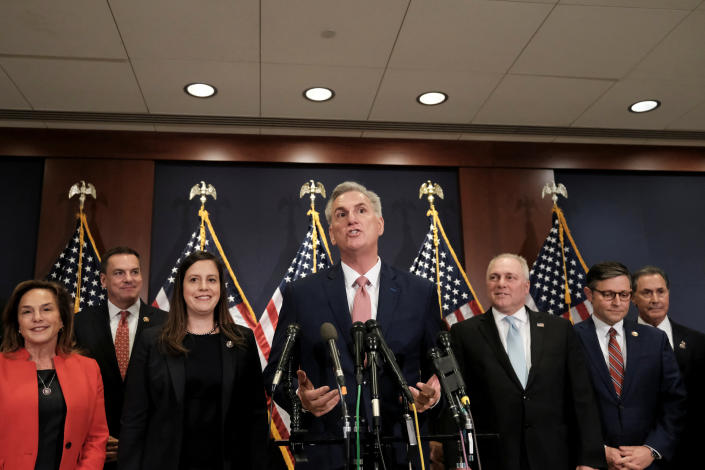 House Republican Leader Kevin McCarthy (R-CA) speaks to reporters after McCarthy was nominated by fellow Republicans to be their leader or the Speaker of the House if they take control in the next Congress, following House Republican leadership elections at the U.S. Capitol in Washington, U.S., November 15, 2022. (Michael A. McCoy/Reuters)