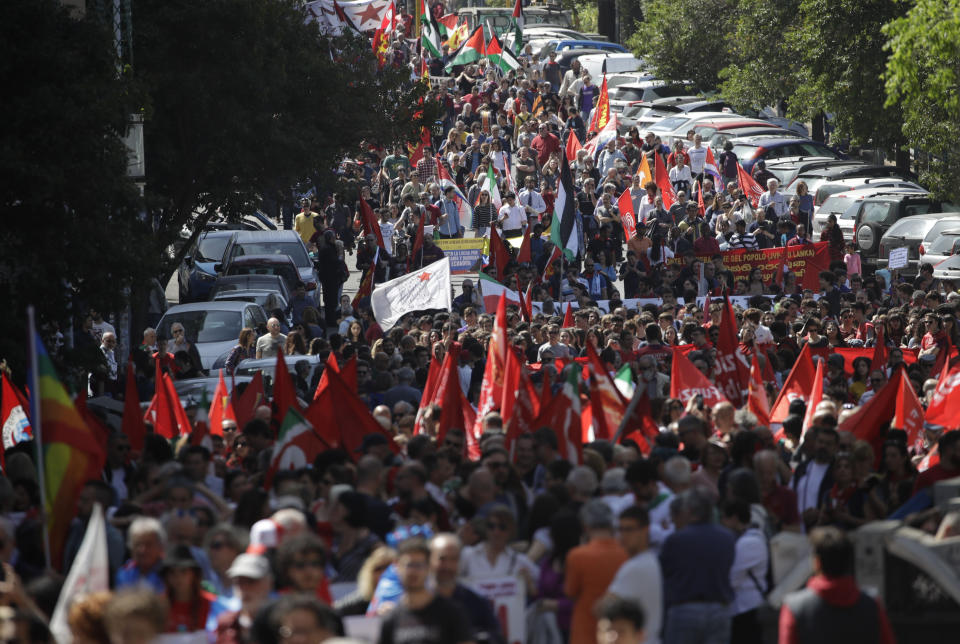 People take part in a Liberation Day march in Rome, Thursday, April 25, 2019. Italian leaders are holding observances on Liberation Day, which celebrates the end of the country’s fascist dictatorship during World War II, with appeals against glorifying dictator Benito Mussolini. (AP Photo/Alessandra Tarantino)