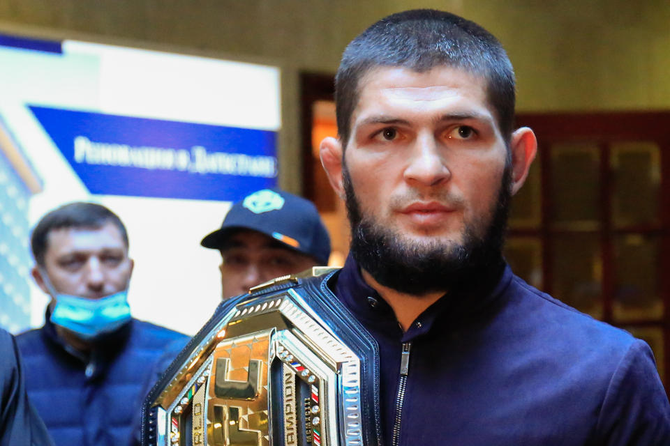 MAKHACHKALA, RUSSIA - OCTOBER 27, 2020: UFC Lightweight Champion Khabib Nurmagomedov is welcomed at a city airport. Nurmagomedov defeated American mixed martial artist Justin Gaethje in the second round at UFC 254 in Abu Dhabi on October 24, 2020, and then announced his retirement after 29 victories and no losses in his career. Press Office of the Head of the Republic of Dagestan/TASS  THIS IMAGE WAS PROVIDED BY A THIRD PARTY. EDITORIAL USE ONLY  (Photo by Press Office of the Head of the \TASS via Getty Images)