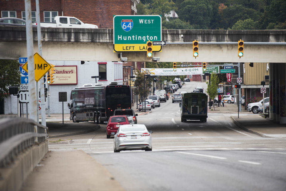 The HuffPost bus on the road in Charleston, West Virginia.